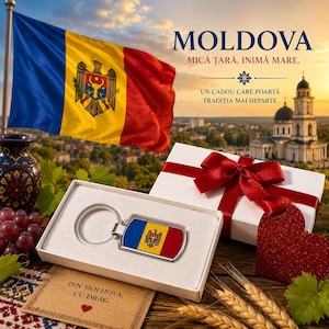May include: A keychain featuring the Moldovan flag, displayed in a white box, alongside a gift box tied with a red ribbon. The image also shows the Moldovan flag, Romanian text, and a church in the background.