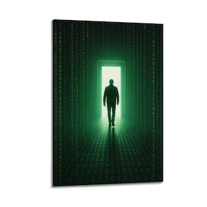 May include: A canvas print depicting a silhouetted figure walking towards a bright doorway. The background features a green matrix of binary code, creating a digital, futuristic aesthetic. The artwork is a vertical rectangle.