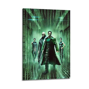May include: A canvas print depicting a scene from "The Matrix." Four figures in dark attire and sunglasses stand against a green, digital rain backdrop. The central figure is clad in a long green coat, creating a striking visual.