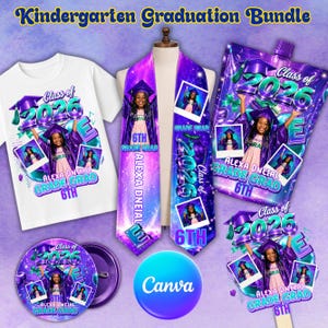 May include: A kindergarten graduation bundle featuring a white t-shirt, sash, juice pouch, button, and a photo prop. The items are decorated with a purple and blue design, the text "Class of 2026", and a photo of a graduate.