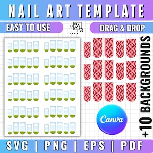 May include: A digital nail art template featuring the text NAIL ART TEMPLATE, EASY TO USE, DRAG & DROP, and +10 BACKGROUNDS. The image displays a grid of nail-shaped frames with sky and grass graphics, alongside red heart-patterned nail shapes.