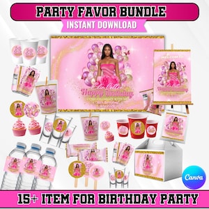 15x Geburtstagsparty Favor Template Bundle, Pink Canva bearbeitbares Abschluss-Leckereien-Design, Party Favor Benutzerdefinierte Wasseretiketten, Chip-Beutel, Wrapper
