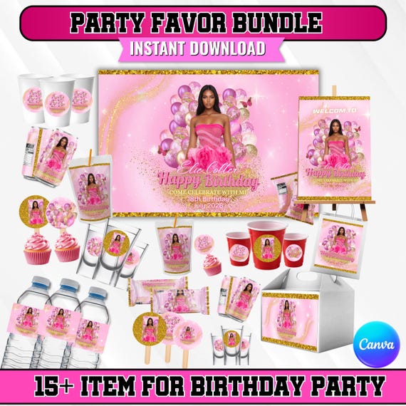 15x Birthday Party Favor Template Bundle, Pink Canva Editable Graduation Treats Design, Party Favor Custom Water Labels, Chip Bag, Wrapper