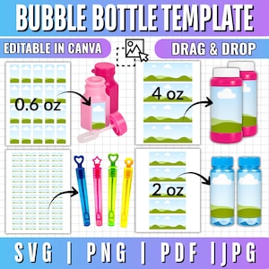 May include: A digital bubble bottle template featuring editable labels for 0.6 oz, 4 oz, and 2 oz bottles. The graphic displays pink bubble bottles, colorful bubble wands with heart and star tops, and label sheets with a blue sky and green hill pattern.