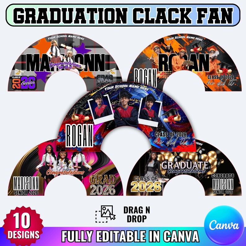 10 Graduation Clack Fan Design Canva Editable Template, Fully Editable In canva Grad Fan 26"X13" 25"X13" Chinese Fan Design, Drag&Drop Temp