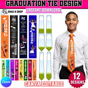 Graduation Tie Template Bundle | 12 Canva Designs | Editable Senior 2026 Custom Photo Tie | Class of 2026 Grad Gift | InstantDigitalDownload