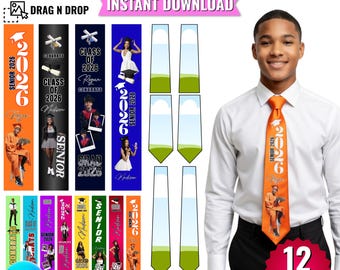 Sjabloonbundel afstuderen stropdas | 12 canvasontwerpen | Bewerkbare stropdas met aangepaste foto senior 2026 | Class of 2026 Grad-cadeau | Direct digitaal downloaden
