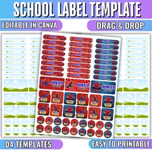 May include: A school label template featuring various shapes and sizes of stickers with a red and blue superhero theme. The labels include the text Hunter and Grade 5th, with spider web patterns and character graphics. The sheet is editable in Canva.