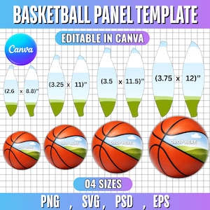 May include: A digital basketball panel template featuring four distinct sizes with dimensions ranging from 2.6 x 8.8 inches to 3.75 x 12 inches. The graphic includes four basketballs with a landscape insert area labeled DROP HERE, plus file format labels.