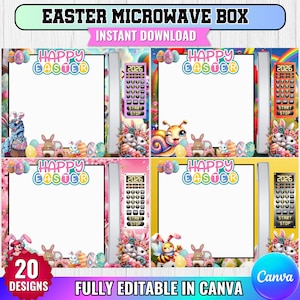 May include: A digital download featuring four Easter-themed microwave box designs. Each design includes a blank white space for customization, with decorative elements like bunnies, eggs, and the text "Happy Easter". The designs are fully editable in Canva.