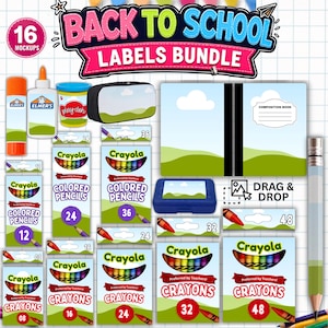 May include: A digital bundle of Back to School labels featuring various school supply designs including Crayola crayon and colored pencil boxes, glue sticks, Play-Doh, and composition book covers, all displayed on a white grid background.