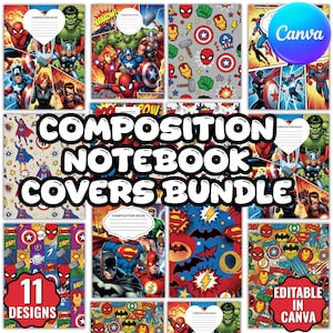 Superhelden Zusammensetzung Notebook Cover, druckbare zurück in die Schule Canva Vorlage, benutzerdefinierte Zusammensetzung Buchumschlag, sofortiger Download