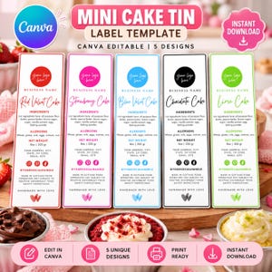 May include: A set of five rectangular mini cake tin label templates in red, pink, blue, black, and green. Each label features a logo circle, business name, cake flavour, ingredients, allergens, net weight of 8oz/200gr, and social media icons.