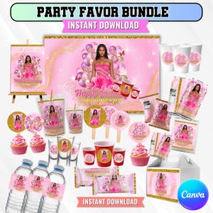 15x Birthday Party Favor Template Bundle, Pink Canva Editable Graduation Treats Design, Party Favor Custom Water Labels, Chip Bag, Wrapper