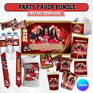 16X Graduation Party Favor Template Bundle, RED-GOLD Canva Editable Graduation Treats Design, Party Favor Custom Stole, T-SHIRT, banner