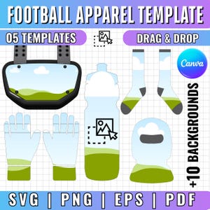 Könnte beinhalten: Eine digitale Designvorlage für Football-Bekleidung mit Visier, Wasserflasche, Socken und Nackenwärmer. Die Grafik enthält den Text FOOTBALL APPAREL TEMPLATE, 05 TEMPLATES, DRAG & DROP, +10 BACKGROUNDS sowie die Dateiformate SVG, PNG, EPS und PDF.