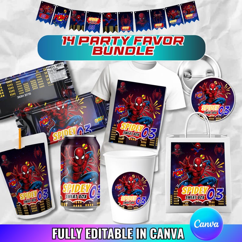 Printable Spider Man Birthday Party Favors, Labels, Stickers, Decor, Chip bag, Water bottle label, Chocolate Wrapper, Caprisun Label, Canva