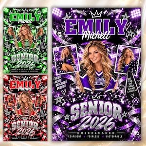 May include: A digital collage poster featuring a cheerleader named Emily Michell. The design includes three photos of the cheerleader, the text "SENIOR 2026", "CHEERLEADER", "CONFIDENT FEARLESS UNSTOPPABLE", and "ONE TEAM ONE FAMILY ALWAYS A WILDCAT".
