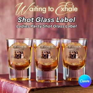 May include: Three shot glasses filled with amber liquid, each with a circular label that reads "Ladies Night" and "Waiting to exhale." The image is labeled "Shot Glass Label" and "Ladies Party Shot Glass Label."