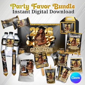 May include: A graduation party favour bundle with various items. Includes water bottles, a t-shirt, candy bars, a banner, a gift bag, and more. The theme is gold and black with the text "Party Favor Bundle" and "Instant Digital Download".