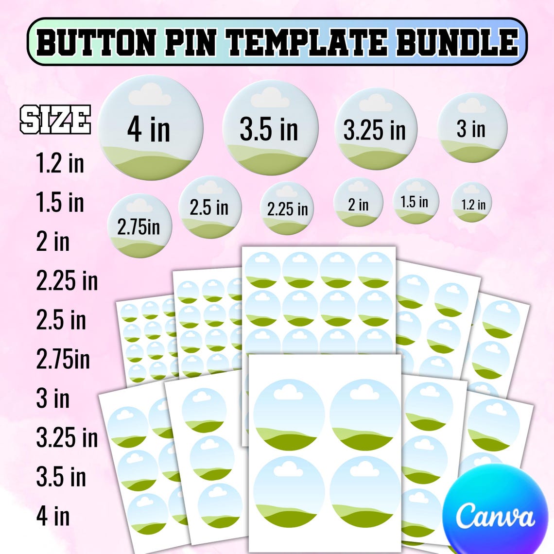 Button Pin Template Bundle Editable Canva Frame Sublimation 2 3.5 1.75 ...