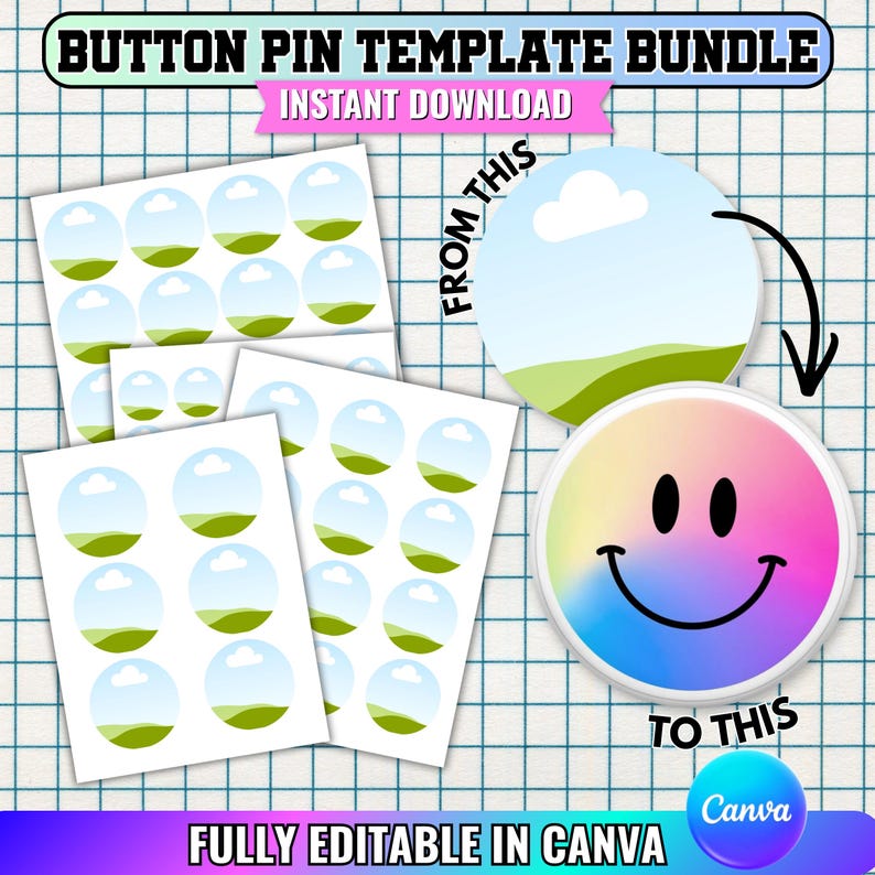 Button Pin Template Bundle Editable Canva Frame Sublimation 2 3.5 1.75 ...