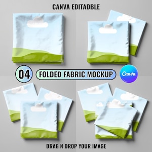 May include: A mockup featuring folded fabric with a sky and landscape design. The image includes the text "CANVA EDITABLE", "04", "FOLDED FABRIC MOCKUP", "Canva", and "DRAG N DROP YOUR IMAGE". The design is repeated across multiple fabric samples.