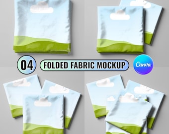 Modelli di mockup di tessuto piegato a 4 ante Canva, mockup di tessuto modificabili, visualizzazione di design di tessuti e motivi, download digitale