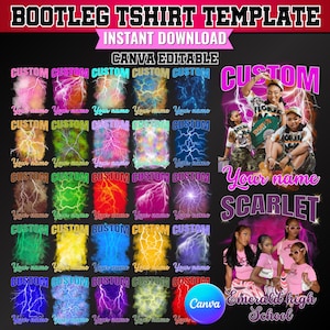 Puede incluir: Una plantilla de diseño digital para camisetas con un tema de rayos. El diseño incluye las palabras "BOOTLEG TSHIRT TEMPLATE" e "INSTANT DOWNLOAD". La plantilla es editable en Canva y presenta la palabra "CUSTOM" y el nombre "SCARLET".