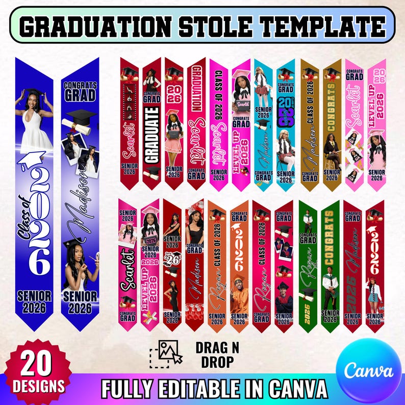 15x Graduation Stole Canva Editable Template Bundle, Graduation Sash Sublimation 2026, Personalized Graduate Design & Stole Layouts