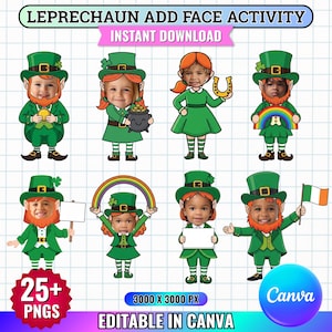 Könnte beinhalten: Digitale PNG-Bilder von Kobold-Charakteren, entworfen zum Hinzufügen von Gesichtern. Die Kobolde tragen grüne Outfits und halten Gegenstände wie Goldtöpfe und Regenbogen. Der Text enthält "LEPRECHAUN ADD FACE ACTIVITY" und "INSTANT DOWNLOAD".