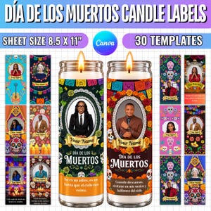 Könnte beinhalten: Ein Set aus 30 druckbaren Día de los Muertos Kerzenetiketten-Vorlagen auf einem 21,59 x 27,94 cm großen Bogen. Die Designs zeigen bunte Blumenränder, Zuckerschädel und Fotorahmen mit dem Text Día de los Muertos und Your Name.