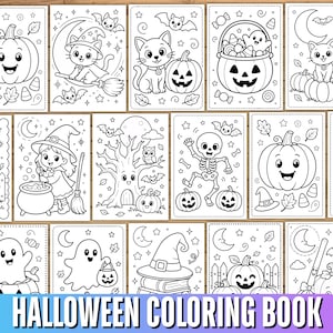 Może przedstawiać: Kolekcja stron z kolorowanki na Halloween zawierająca czarno-białe ilustracje liniowe przedstawiające dynie, koty, duchy, szkielety, czarownice, nietoperze i słodycze. Na dole znajduje się napis HALLOWEEN COLORING BOOK dużymi literami.