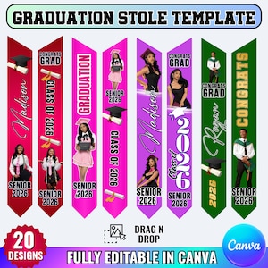 15x Graduation Stole Canva Editable Template Bundle, Graduation Sash Sublimation 2026, Personalized Graduate Design & Stole Layouts