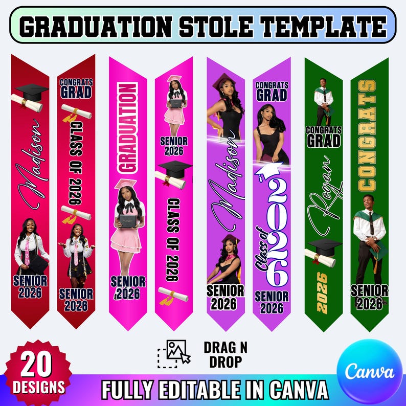 15x Graduation Stole Canva Editable Template Bundle, Graduation Sash Sublimation 2026, Personalized Graduate Design & Stole Layouts