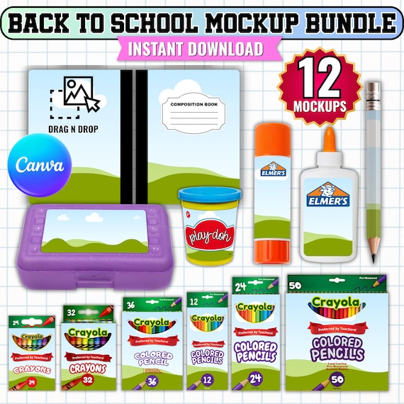 Back to School Mockup Bundle Canva Template, School Supply Label Mockups, Notebook Glue Pencil Crayon Mockup,Editable Canva Digital Download
