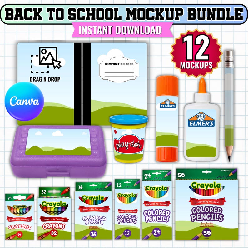 Back to School Mockup Bundle Canva Template, School Supply Label Mockups, Notebook Glue Pencil Crayon Mockup, Editable Canva Digital Download
