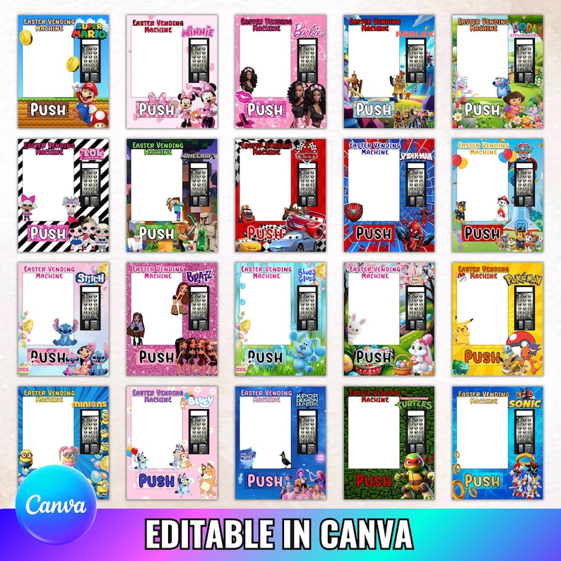 Editable Easter Vending Machine Template,DIY Printable Canva Designs Digital Download,Kids cartoon Characters Easter Party Activity Display