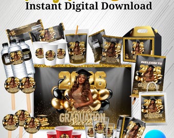 13X Graduation Party Favor Template Bundle, Gold And Black Canva Editable Graduation Treats Design, Party Favor Custom Water Labels, ChipBag