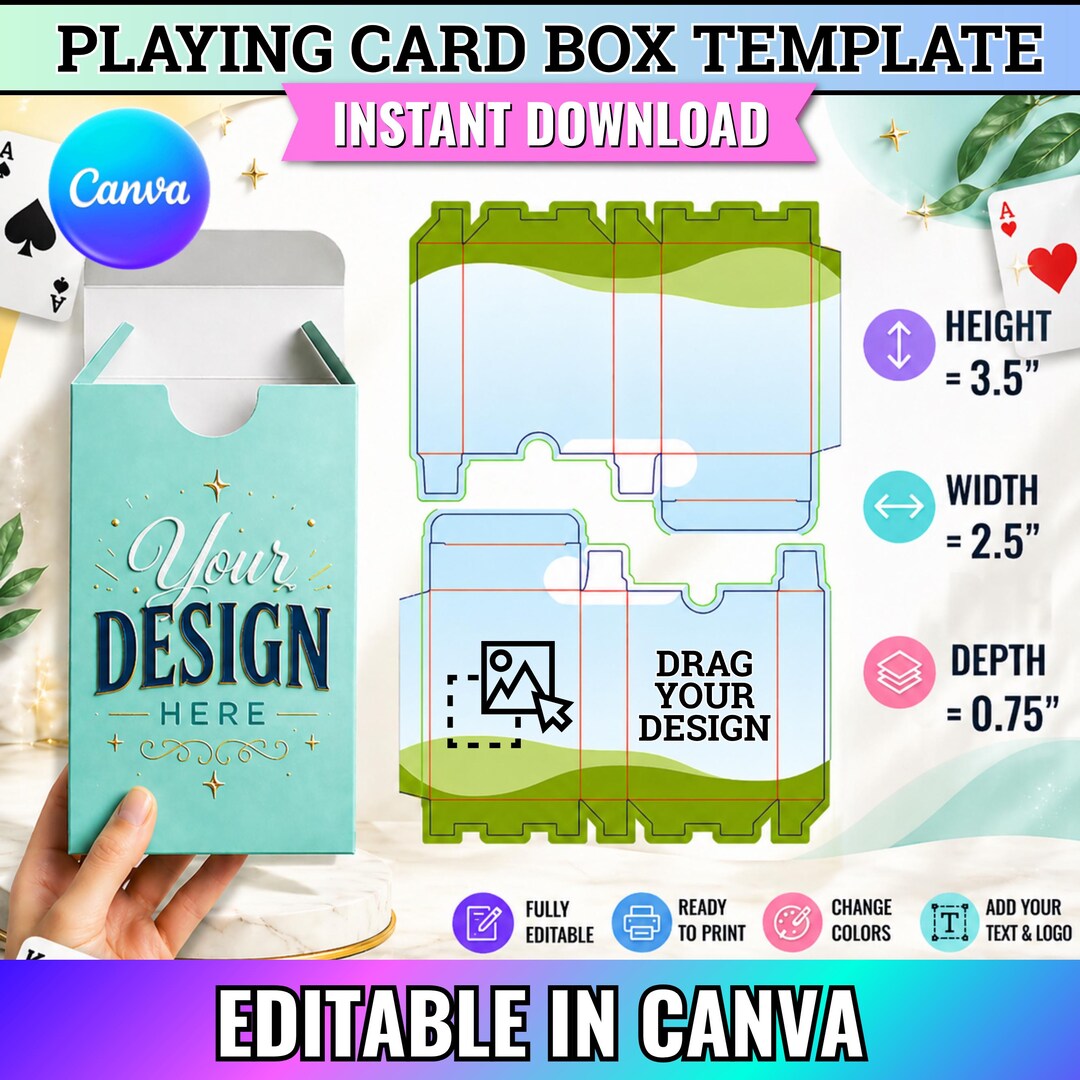Editable Playing Card Box Template, Custom Blank Card Box Template ...