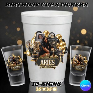 Styrofoam Cup Sticker Template, Pink Birthday Sticker Template All Zodiac Signs, Birthday Party Sticker Template Pink and Black Birthday Cup