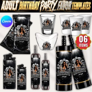 May include: A collection of six black and silver adult birthday party favor templates featuring a woman in a bikini, the text "Alexa John Birthday" and "Let's get", including a snack bag, shot glass, cups, bowl, lighters, and bottle labels.