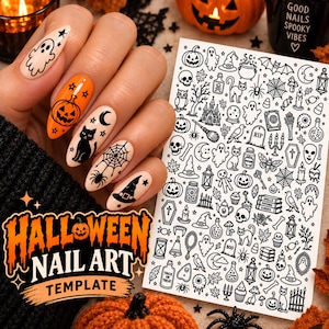 Può includere: Un foglio di adesivi per unghie a tema Halloween con una varietà di icone in linea nera, tra cui fantasmi, zucche, gatti, teschi e pipistrelli. Il foglio mostra numerosi motivi piccoli e dettagliati progettati per l'applicazione sulle unghie.