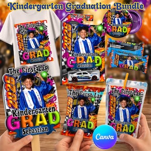 May include: A kindergarten graduation bundle featuring a white t-shirt, a toy car, a juice pouch, and other items. Each item displays the text "Kindergarten Grad Sebastian" and "The First Lap" with a photo of a child in a graduation gown.