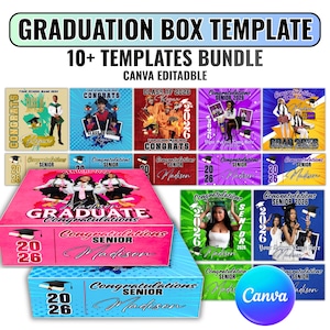 May include: A bundle of graduation box templates with the text "GRADUATION BOX TEMPLATE" and "10+ TEMPLATES BUNDLE". The boxes are pink and blue, with "Congratulations Senior" and "2026" printed on them. The Canva logo is visible.