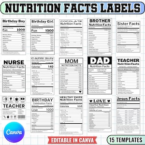 Puede incluir: Una colección de quince plantillas de etiquetas de información nutricional en blanco y negro con texto humorístico para varios roles como Birthday Boy, Birthday Girl, Brother, Sister, Nurse, Mom, Dad, Teacher y Love, editables en Canva.