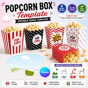 May include: A popcorn box template with diverse designs, including red and white stripes, black polka dots, and red zigzags. Each box is filled with popcorn and features the text "POP CORN". The template is editable in Canva and available in multiple formats.