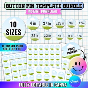 Könnte beinhalten: Ein digitales Button-Pin-Vorlagenpaket mit dem Text "BUTTON PIN TEMPLATE BUNDLE" und "INSTANT DOWNLOAD". Enthält 10 Größen von 3,05 cm bis 10,16 cm. Enthält ein Blatt im Letter-Format und ist vollständig in Canva bearbeitbar.