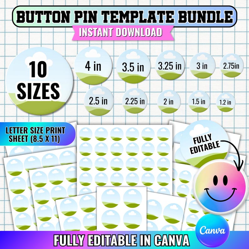 Button Pin Template Bundle Editable Canva Frame Sublimation 2 3.5 1.75 ...