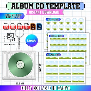 Puede incluir: Una plantilla digital de CD de álbum con una funda de CD transparente, un CD verde y un llavero. El diseño incluye plantillas de CD, respaldos y frentes de cajas de CD. El texto incluye "ALBUM CD TEMPLATE" y "FULLY EDITABLE IN CANVA". La caja del CD mide 4,05 cm.